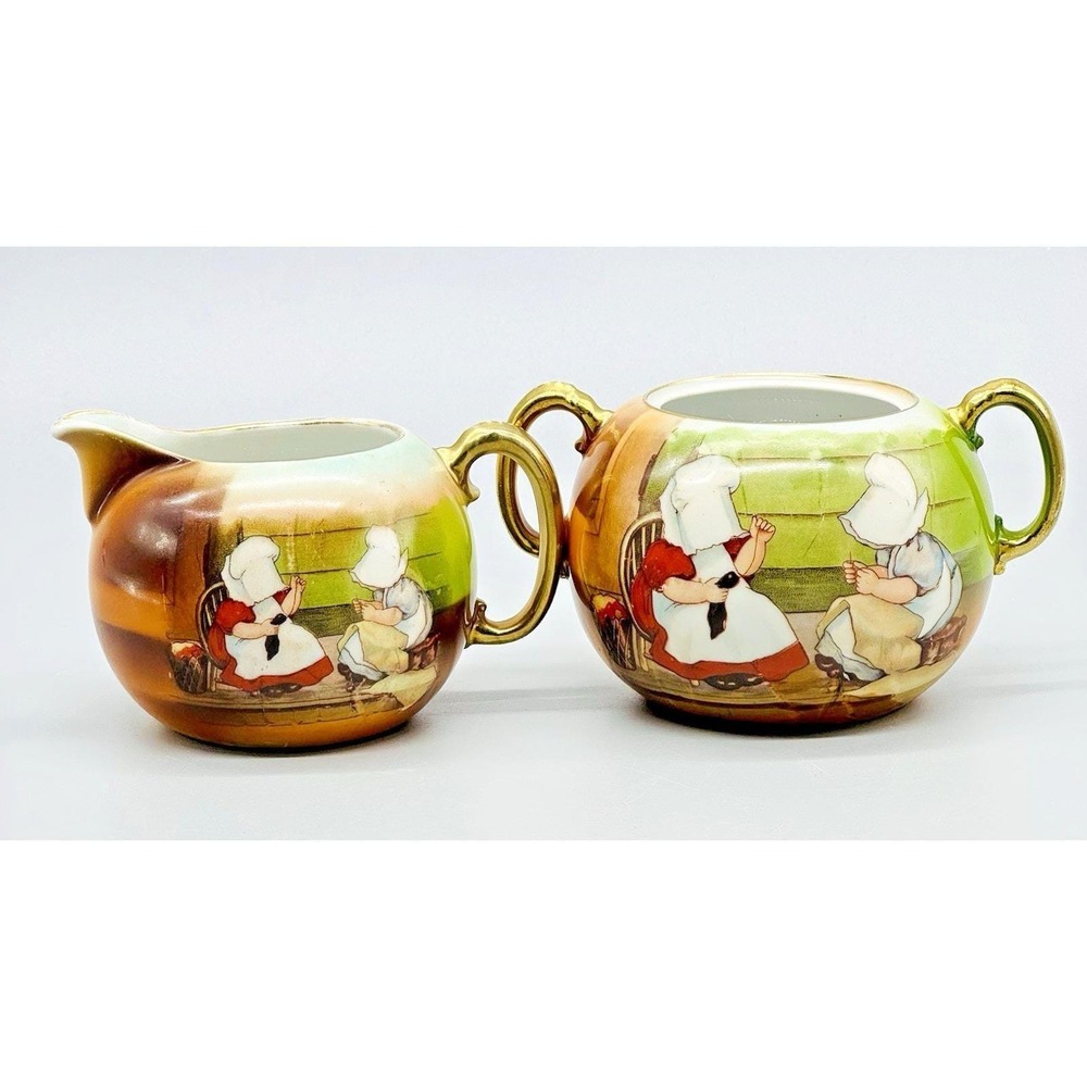 Royal Bayreuth Sunbonnet Babies Darning Sewing Child Sugar Bowl Creamer Set